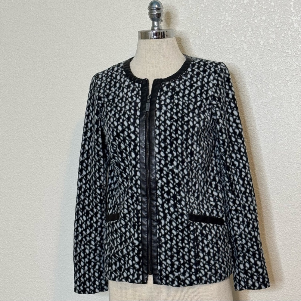 BOB‎ MACKIE Wearable Art XXS Black White Zip Front Fleece Jacket Faux Leather